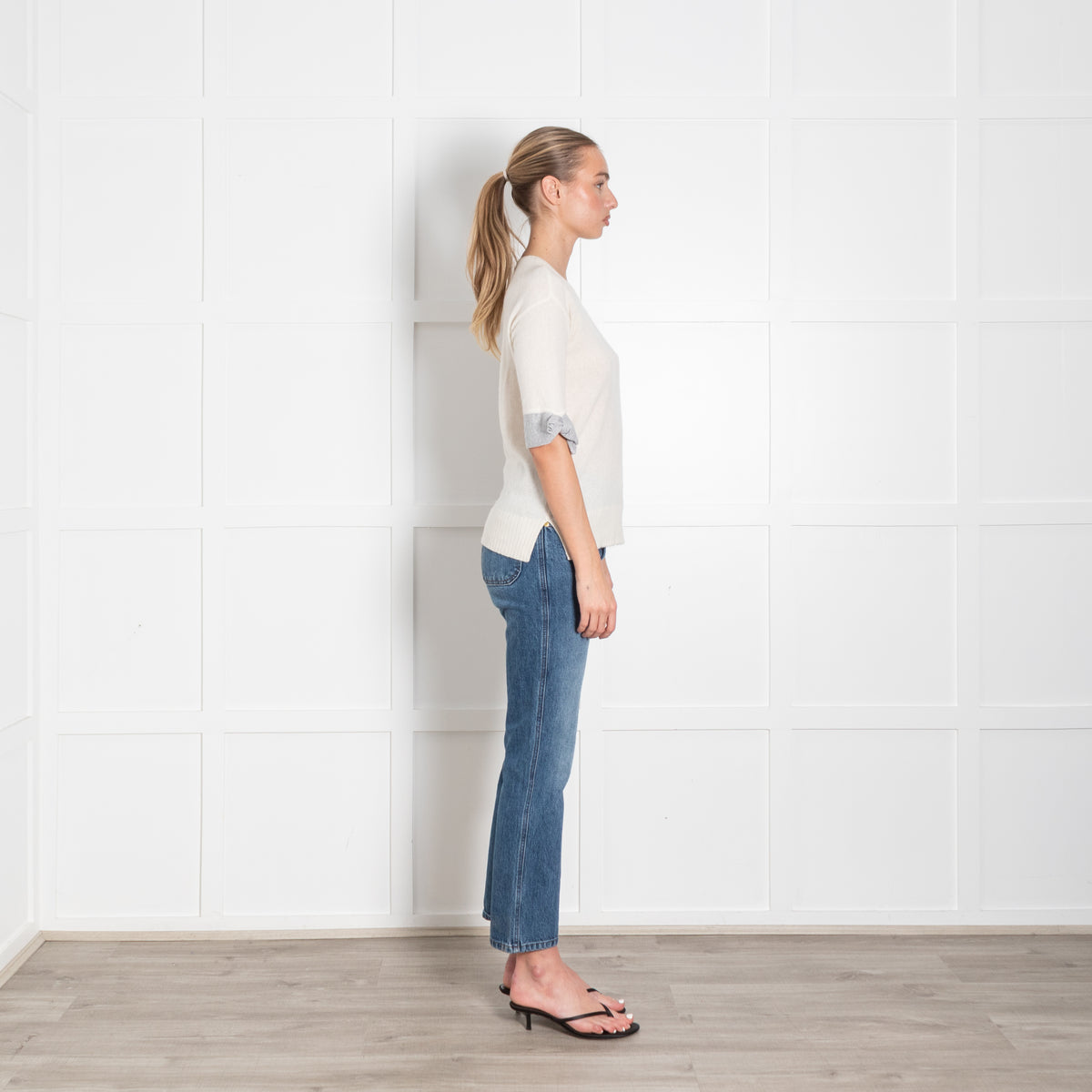 Duffy Cream Grey Trim Short Sleeve Cashmere Jumper