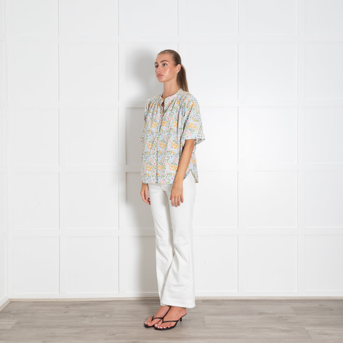 A Piece Apart White Multi Floral Print Button Blouse With Ruched Shoulder Detailing