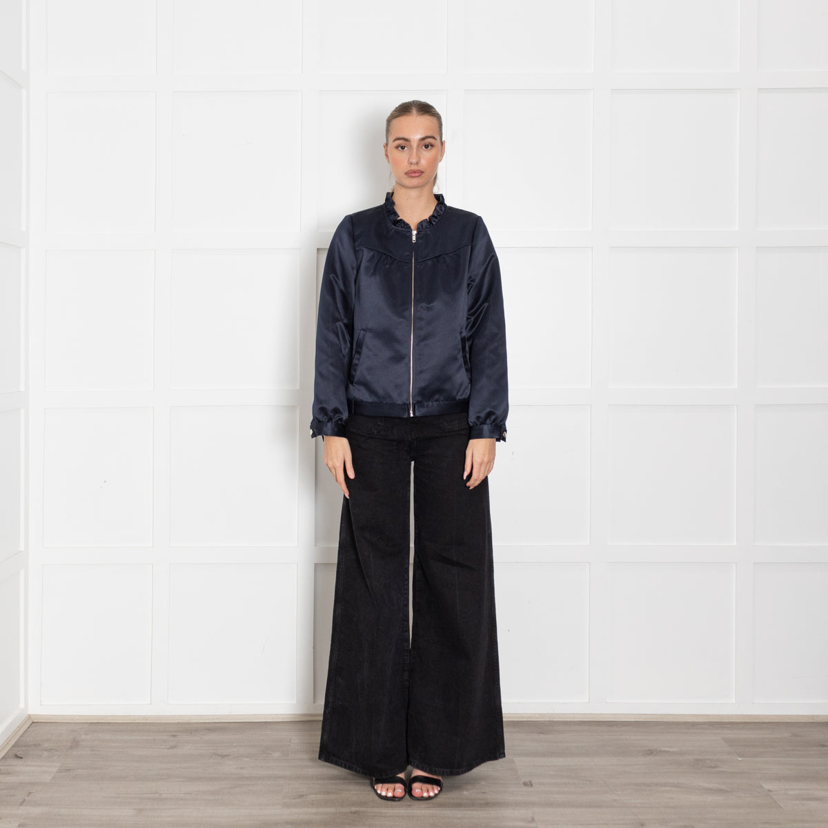 Wyse Midnight Blue Satin Frill Neck Zip Front Bomber Jacket