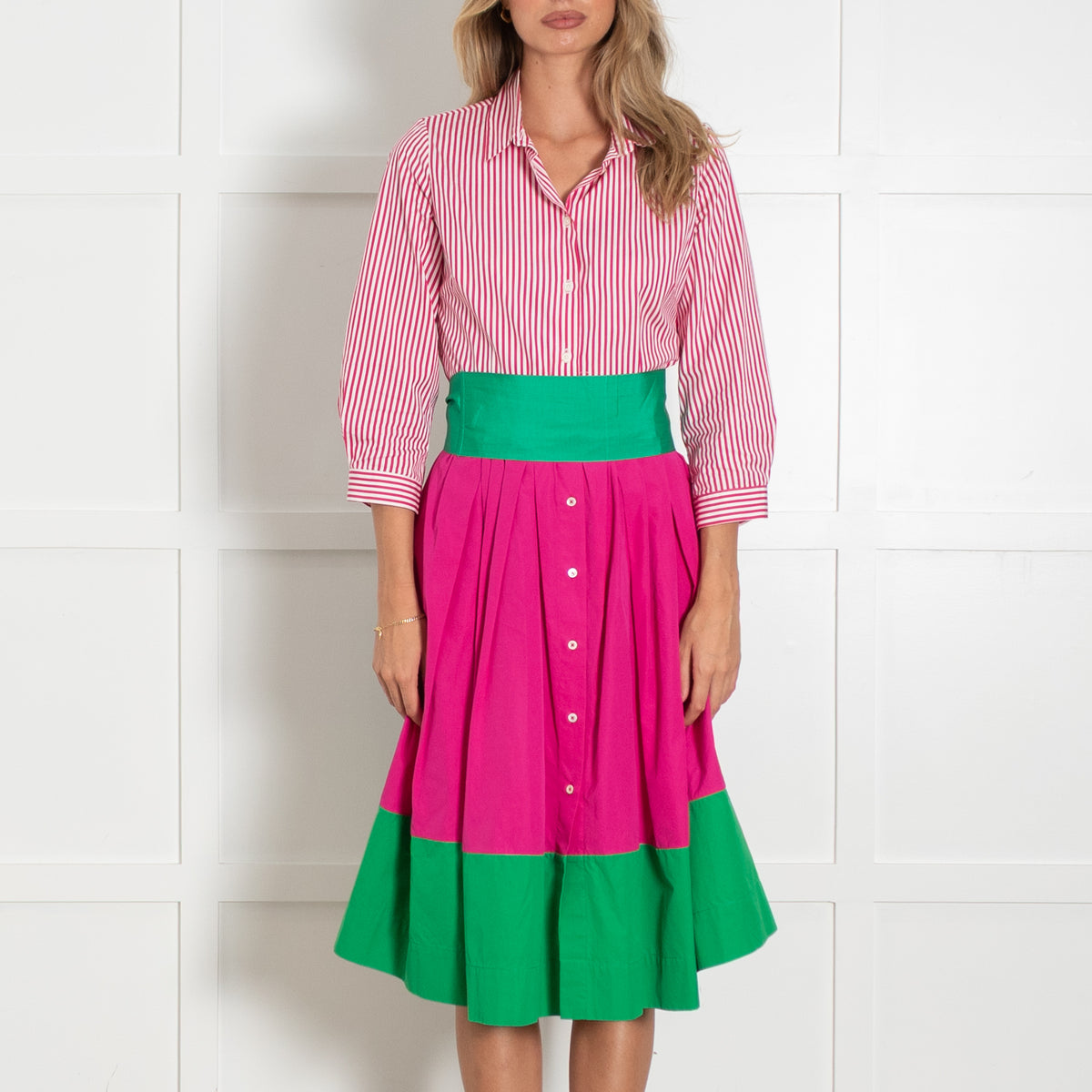 Sara Roka Pink and White Stripe Shirt Dress with Contrasting Green Hem and Tie Belt