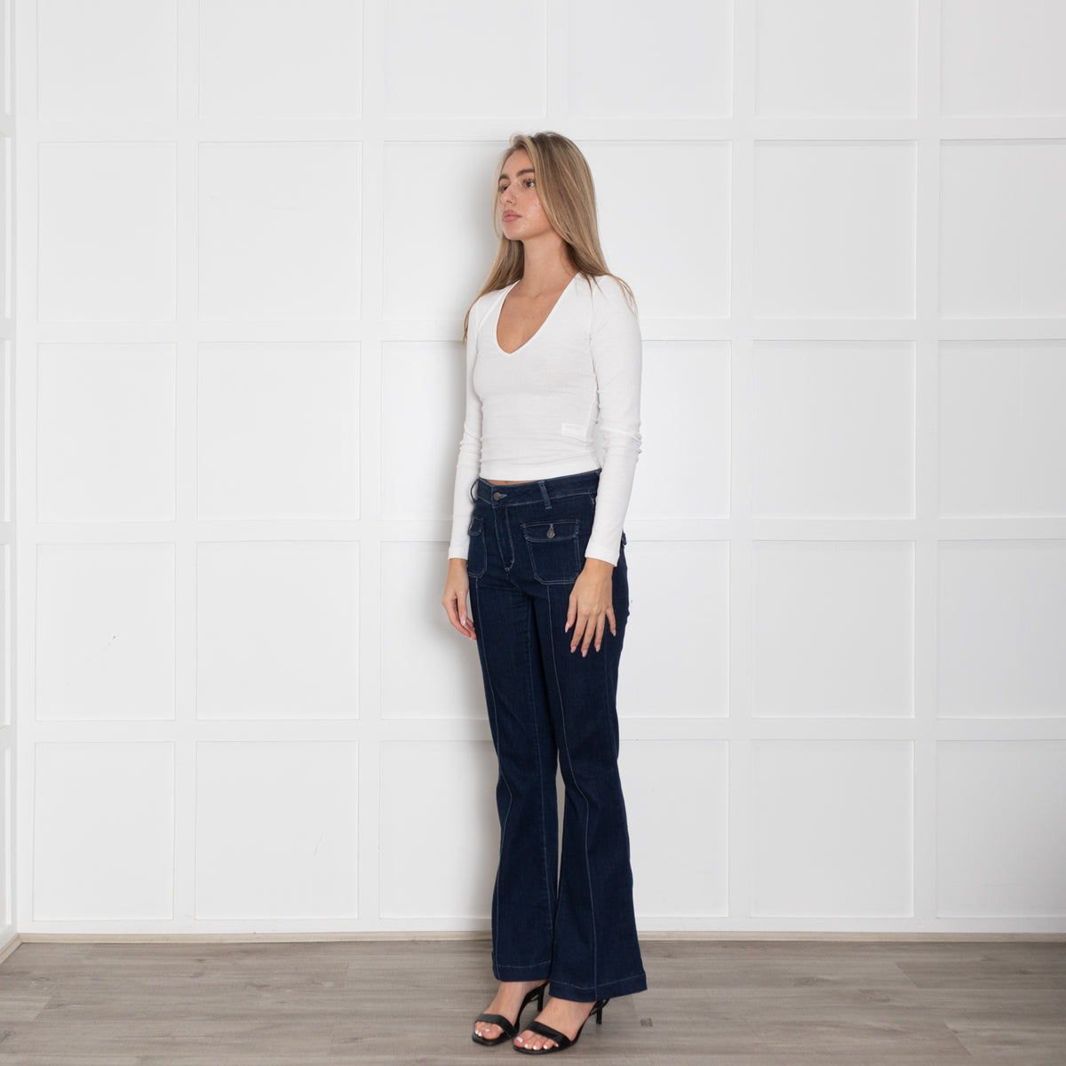 Donna Ida Blue Denim Front Stitching Flared Jeans