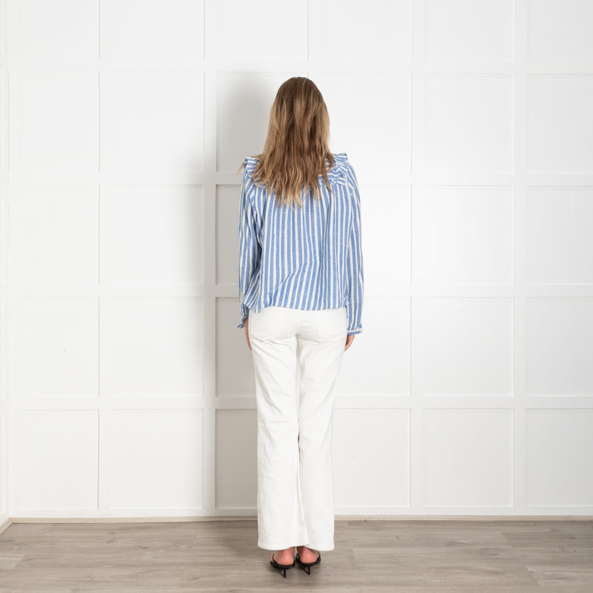 By Iris White Blue Stripes Frill Detail Cotton Top