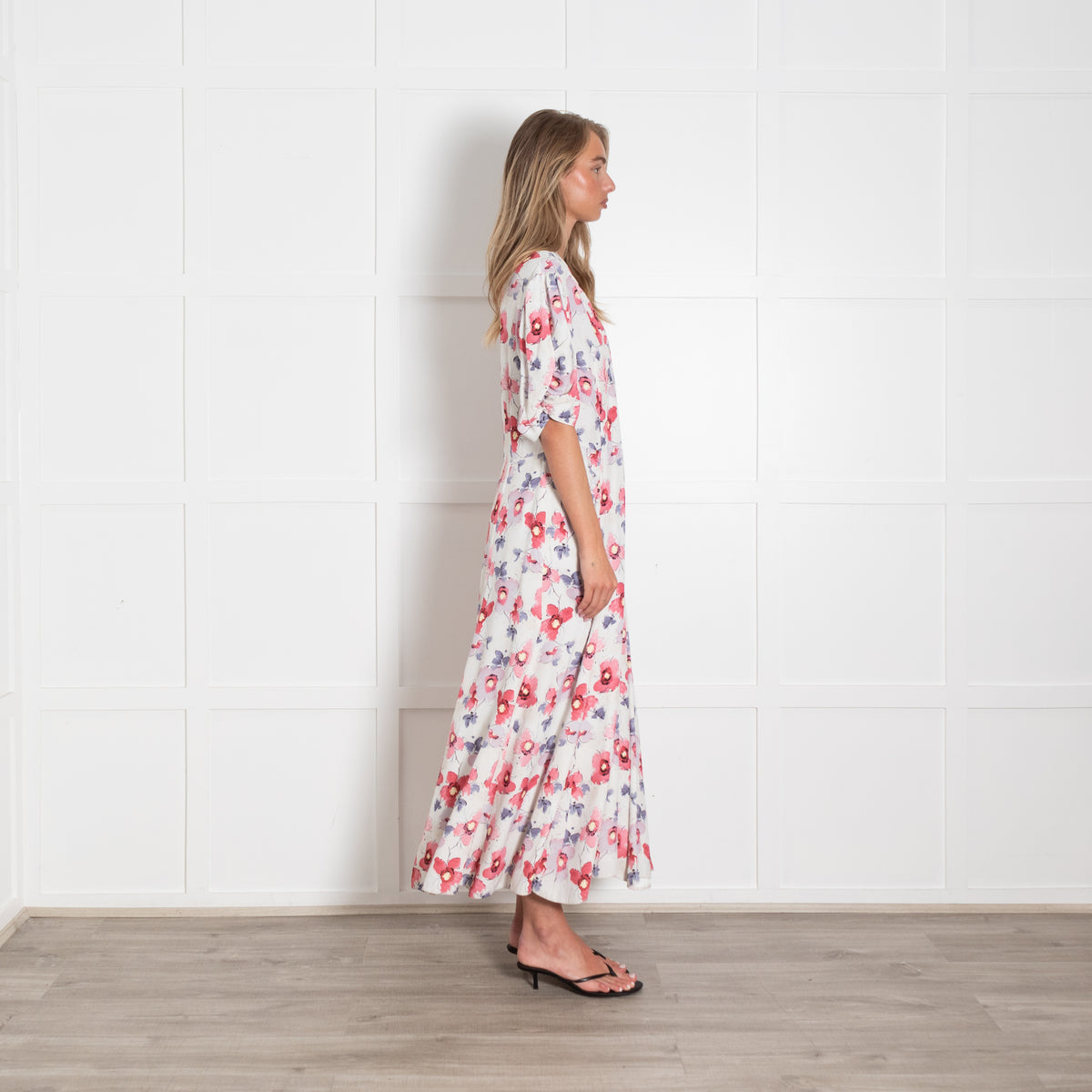Prada White Floral Crepe V Neck Midi Dress