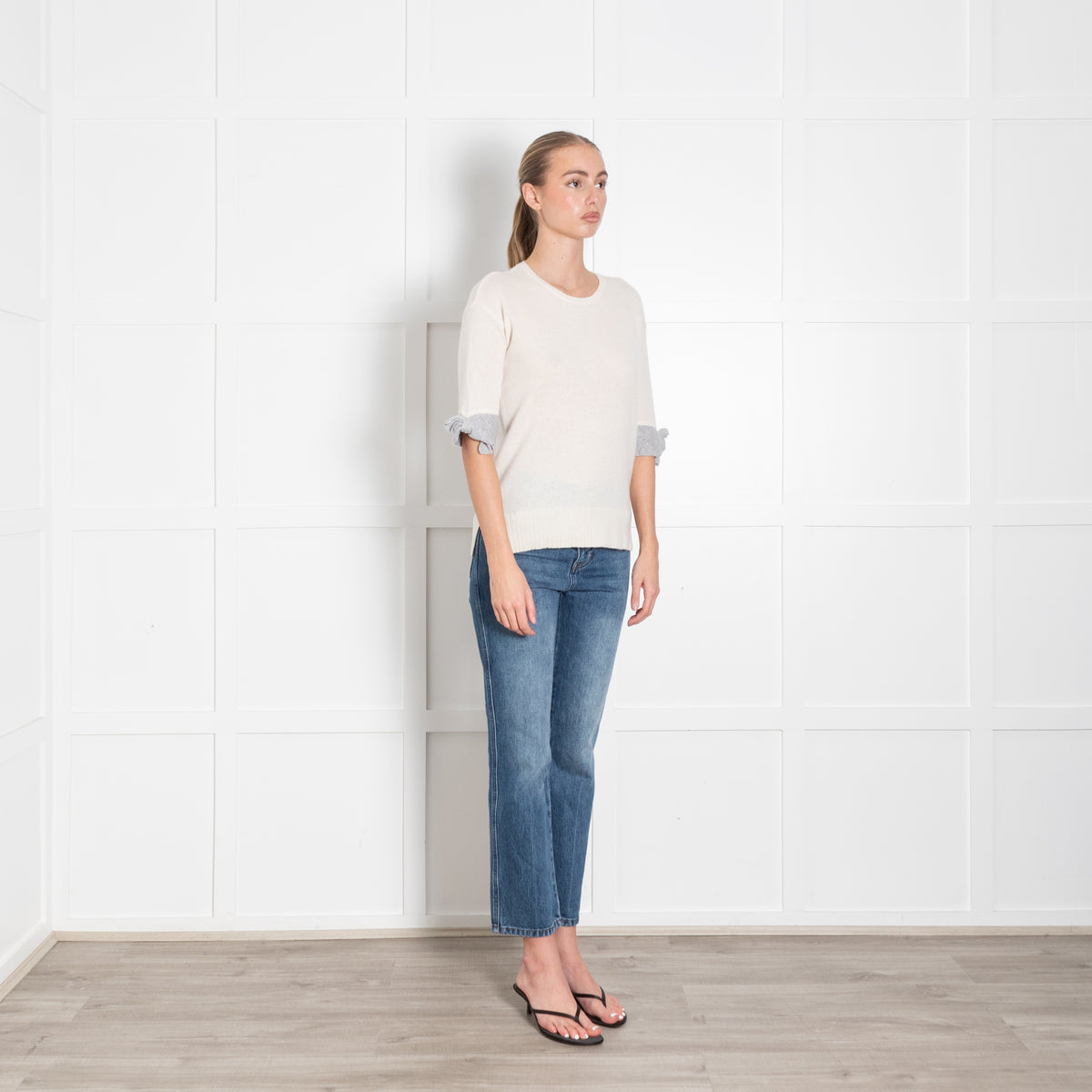 Duffy Cream Grey Trim Short Sleeve Cashmere Jumper