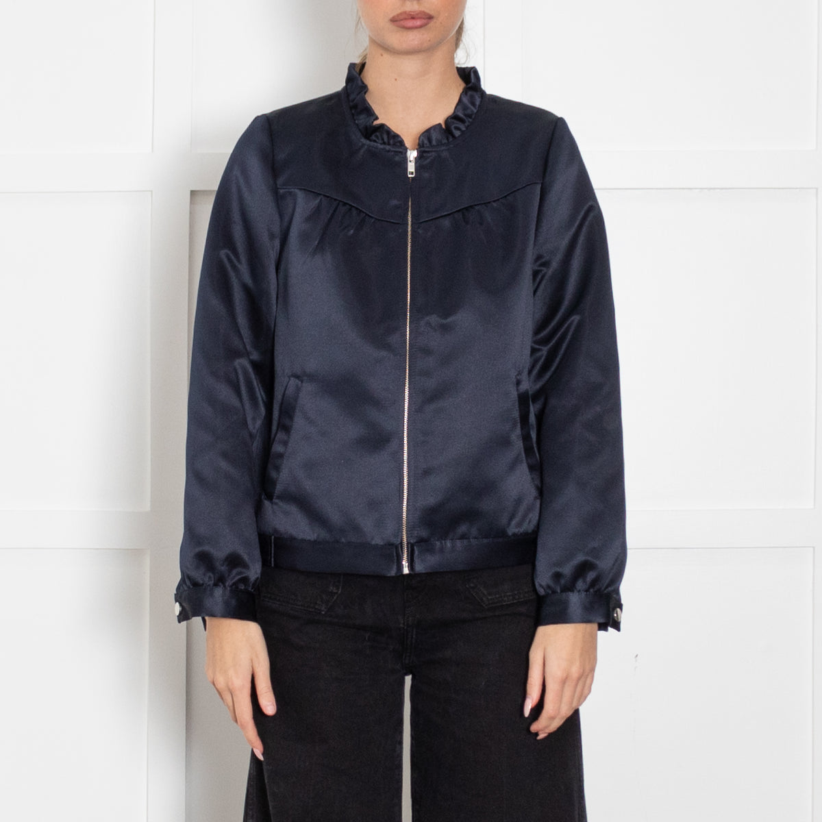 Wyse Midnight Blue Satin Frill Neck Zip Front Bomber Jacket