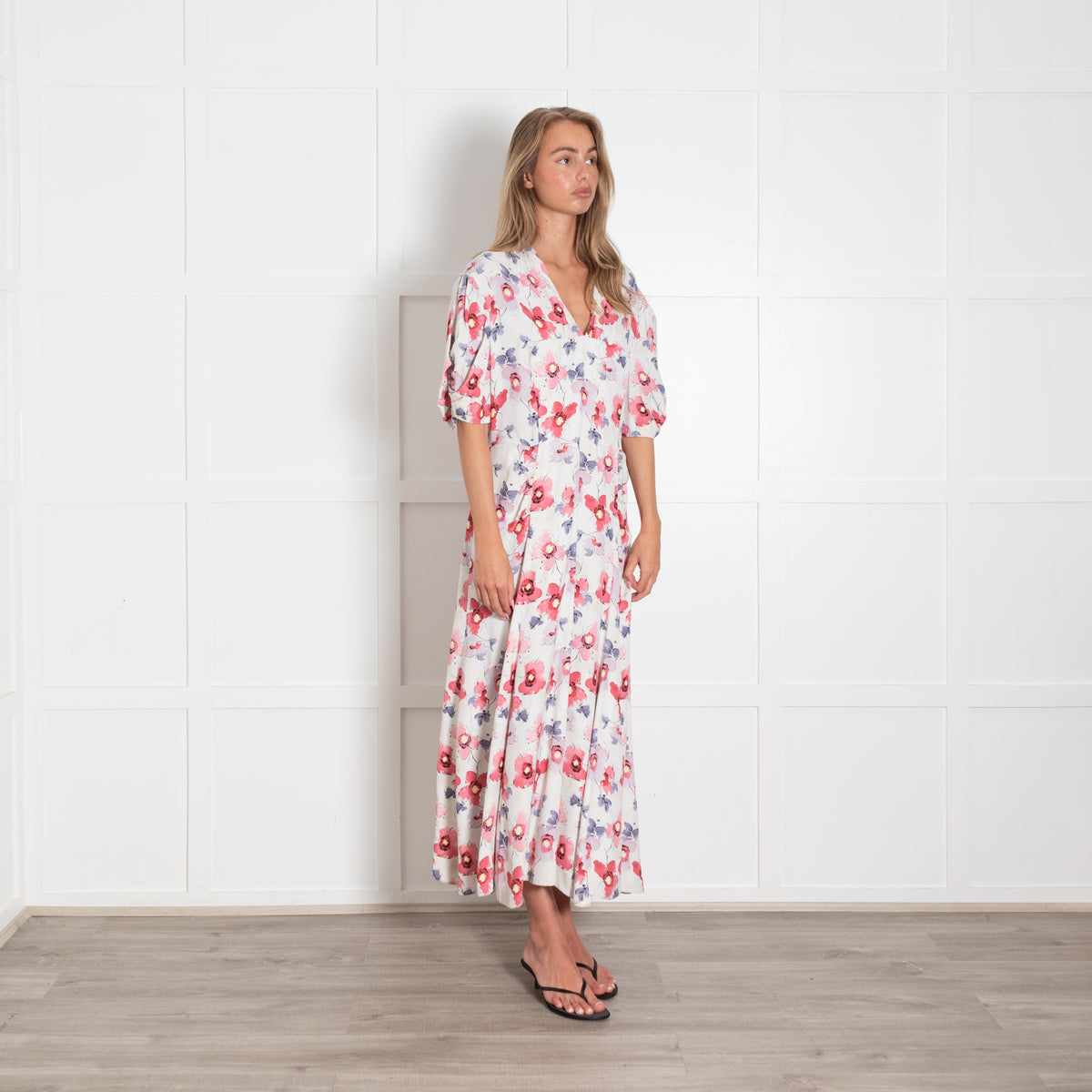 Prada White Floral Crepe V Neck Midi Dress