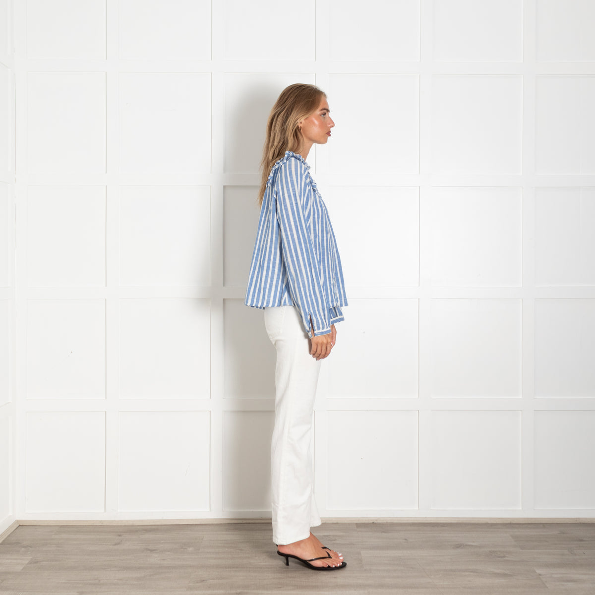 By Iris White Blue Stripes Frill Detail Cotton Top