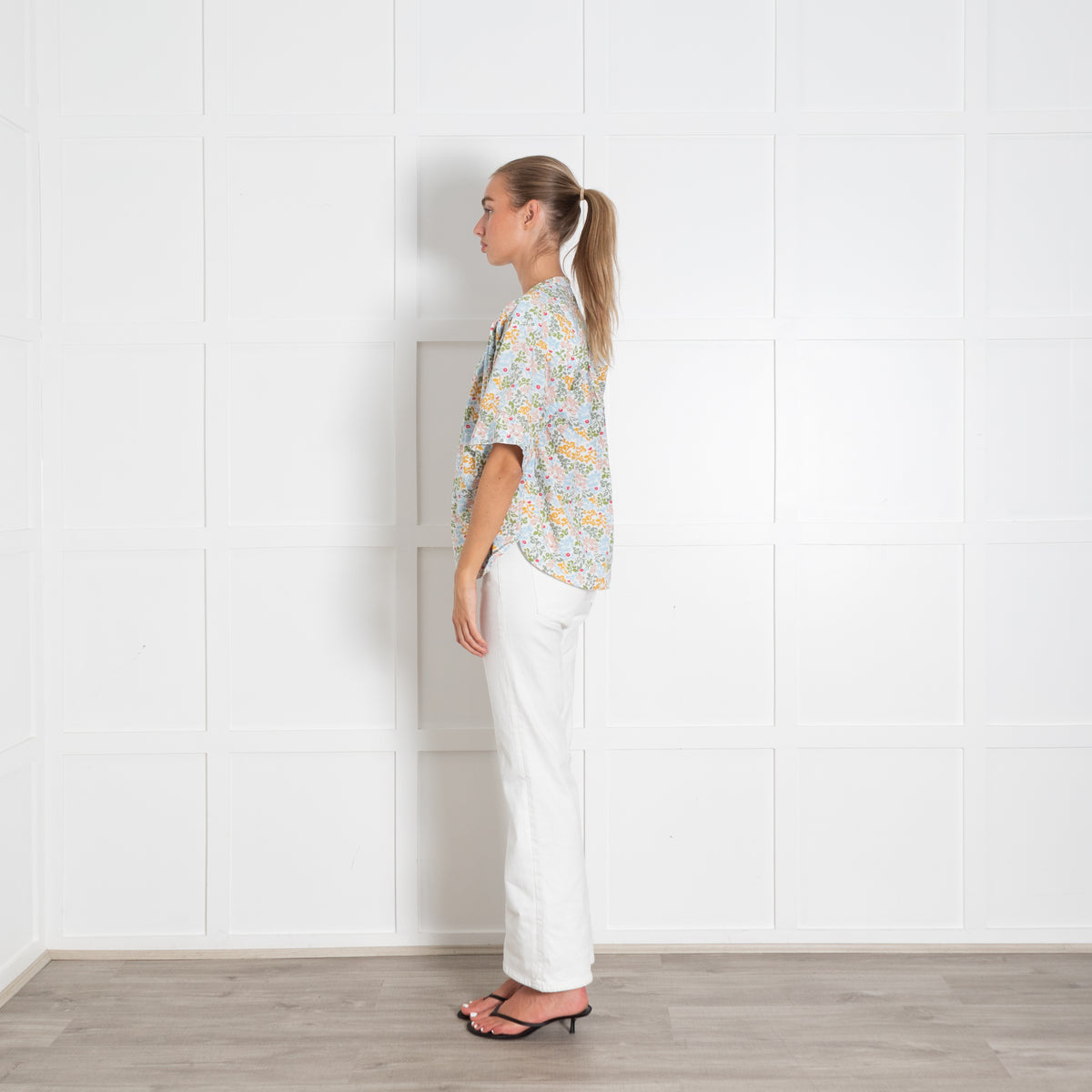 A Piece Apart White Multi Floral Print Button Blouse With Ruched Shoulder Detailing