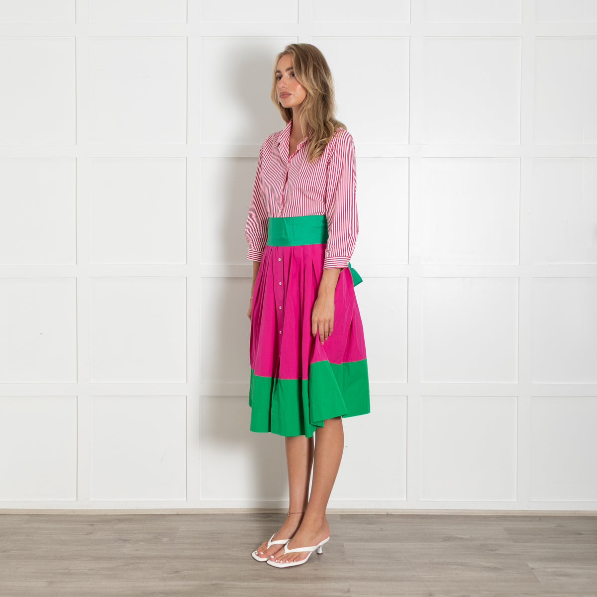 Sara Roka Pink and White Stripe Shirt Dress with Contrasting Green Hem and Tie Belt
