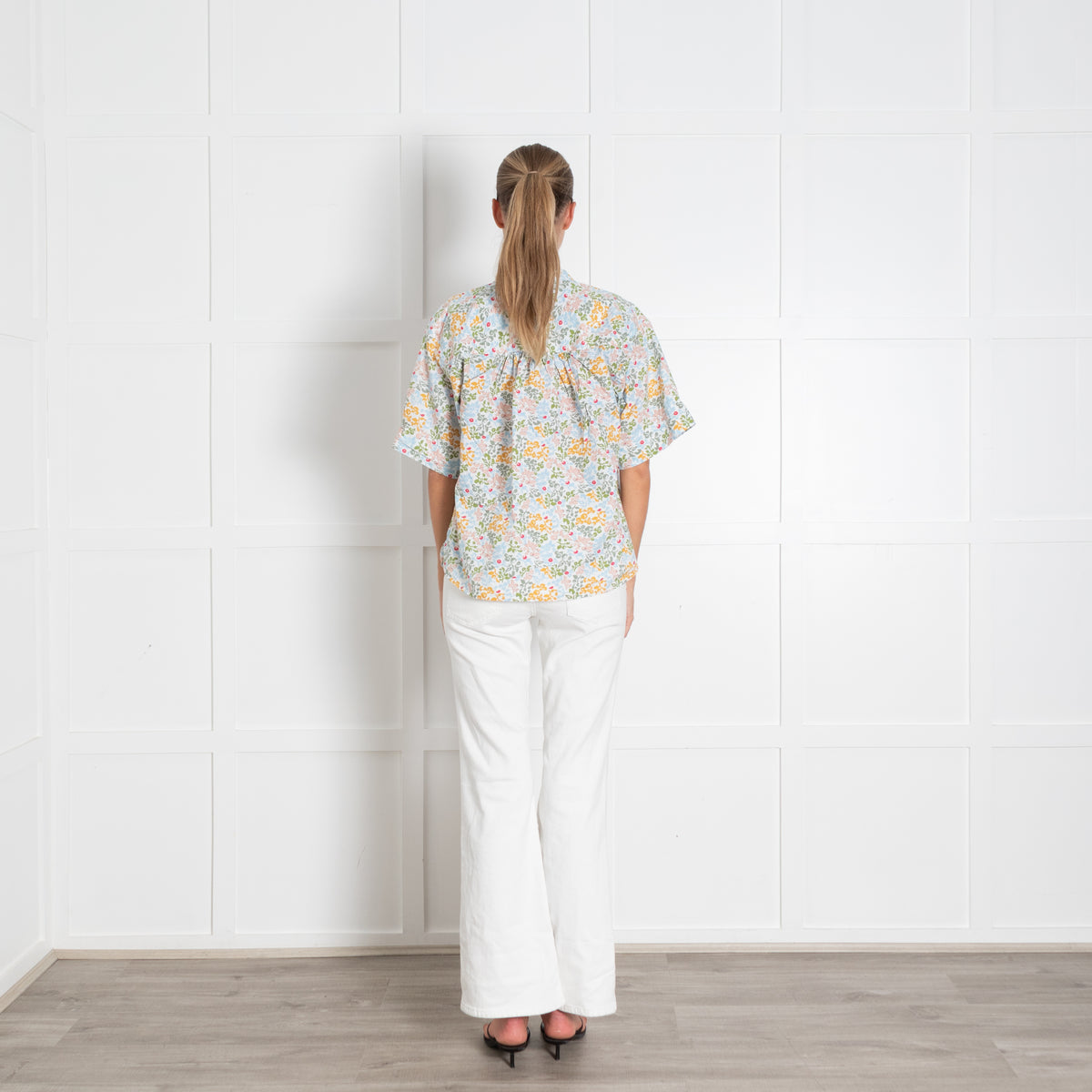 A Piece Apart White Multi Floral Print Button Blouse With Ruched Shoulder Detailing