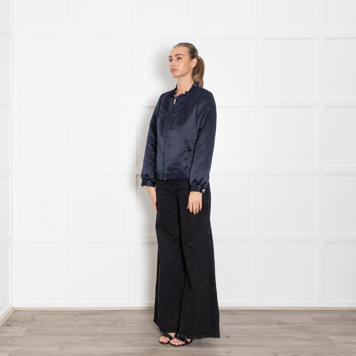Wyse Midnight Blue Satin Frill Neck Zip Front Bomber Jacket
