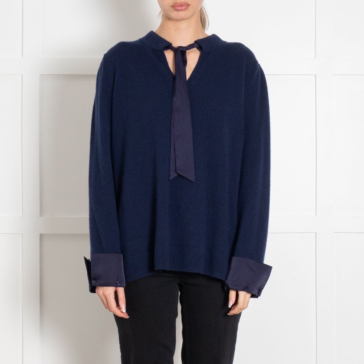 Wyse Blue Cashmere Blend Satin Neck Tie Sweater