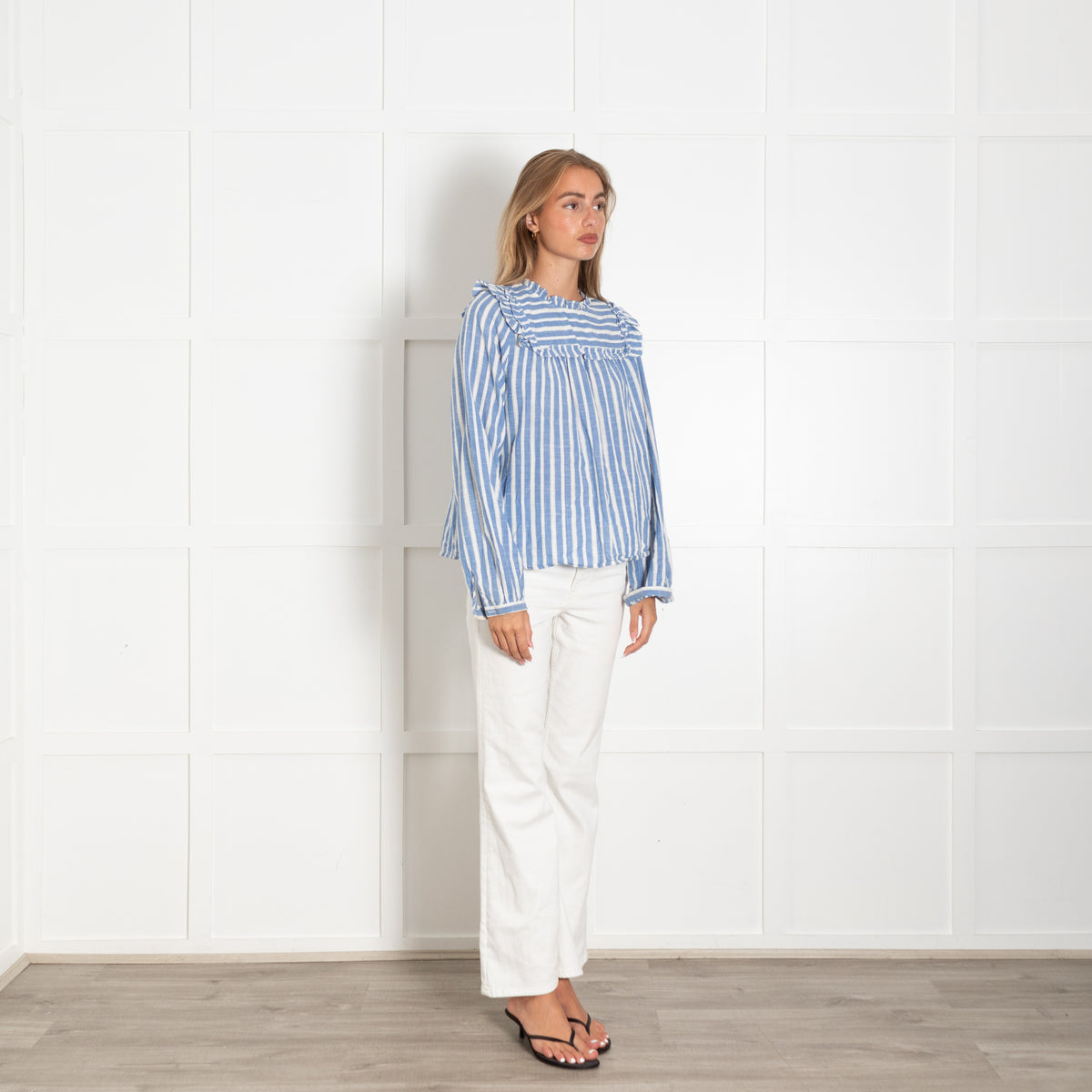 By Iris White Blue Stripes Frill Detail Cotton Top