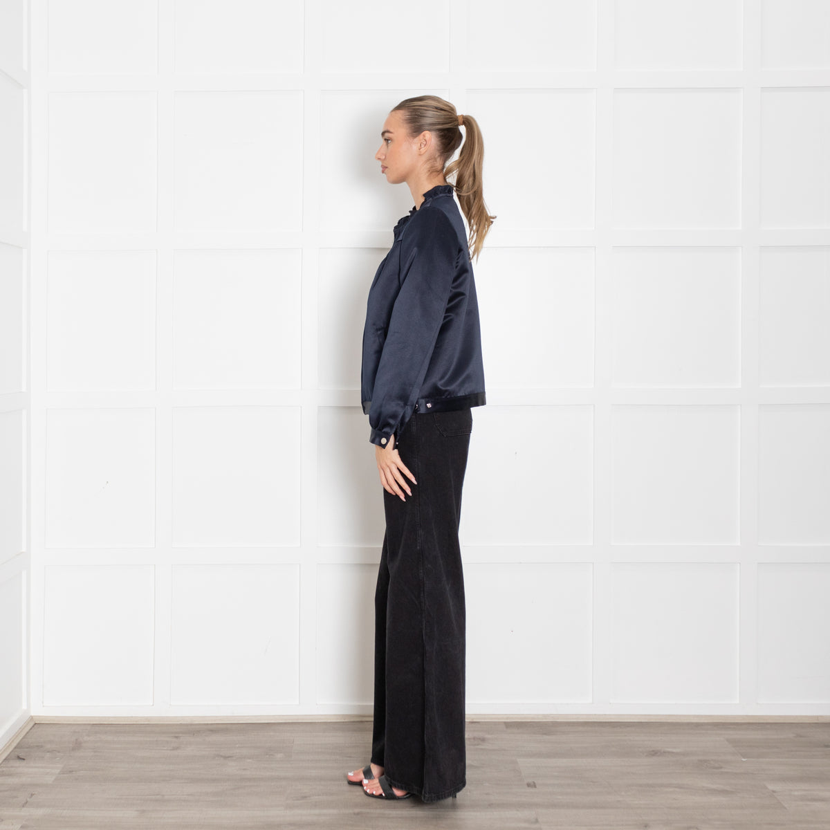 Wyse Midnight Blue Satin Frill Neck Zip Front Bomber Jacket