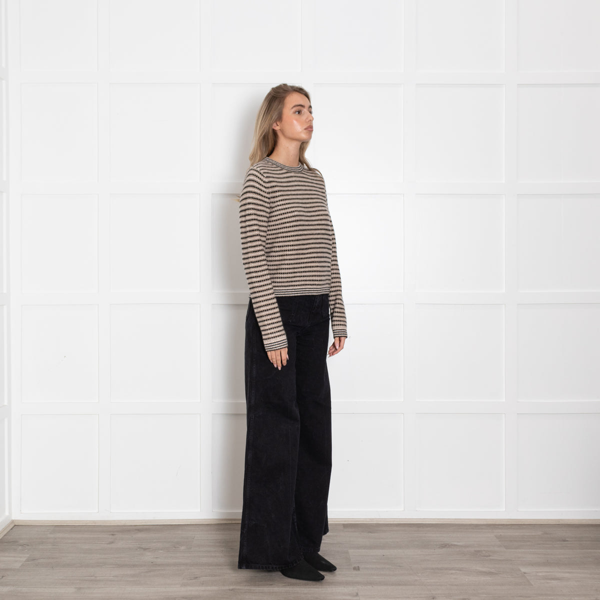 White + Warren Black And Beige Stripe Cashmere Jumper