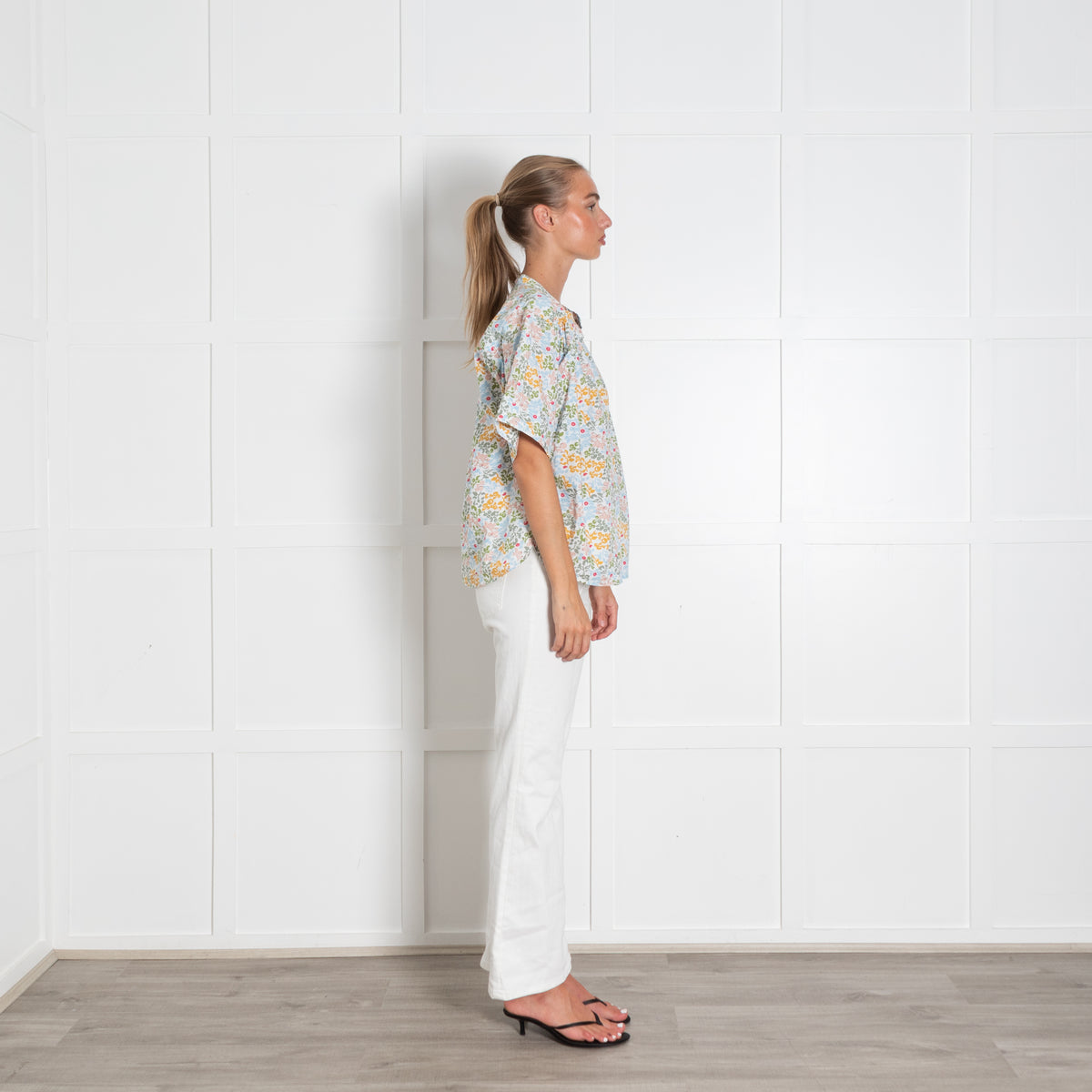 A Piece Apart White Multi Floral Print Button Blouse With Ruched Shoulder Detailing