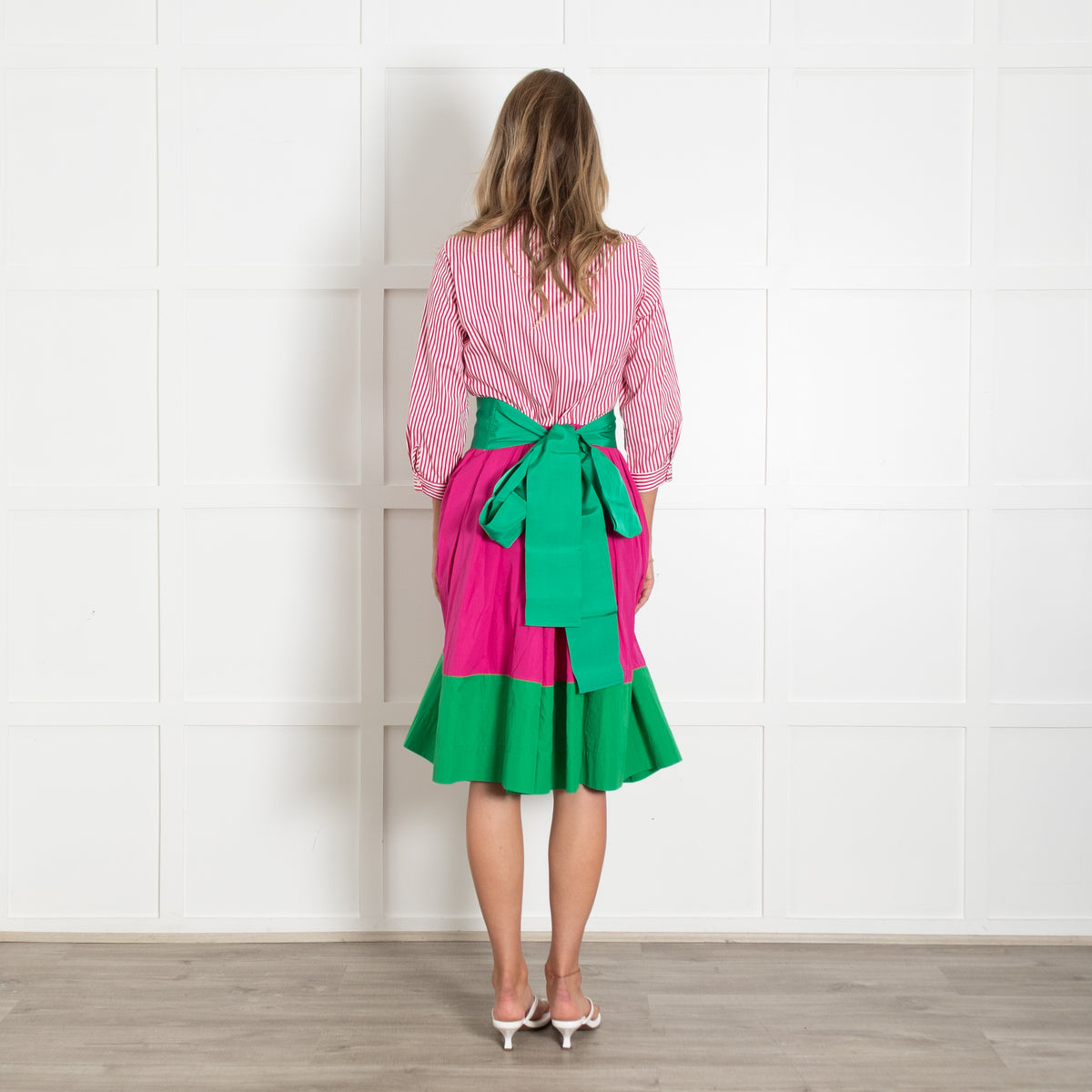 Sara Roka Pink and White Stripe Shirt Dress with Contrasting Green Hem and Tie Belt