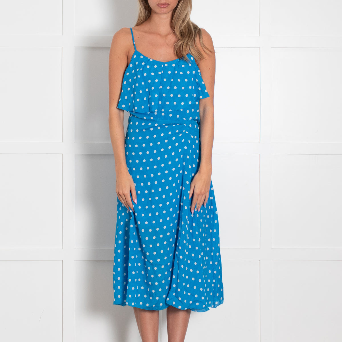 Essentiel Antwerp Blue Strappy Dress With White Polka Dots