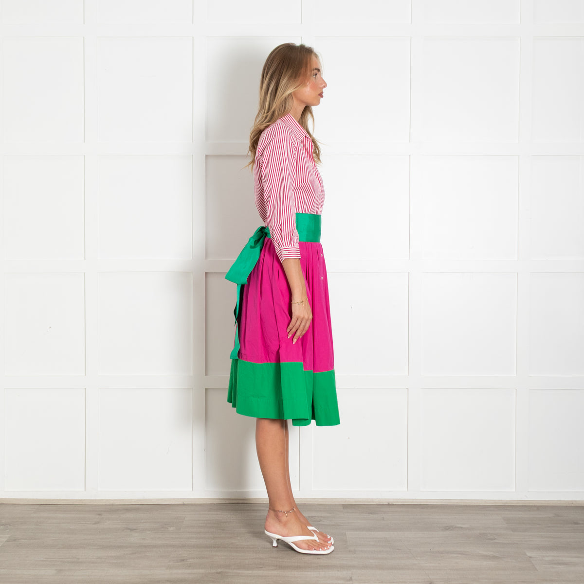 Sara Roka Pink and White Stripe Shirt Dress with Contrasting Green Hem and Tie Belt