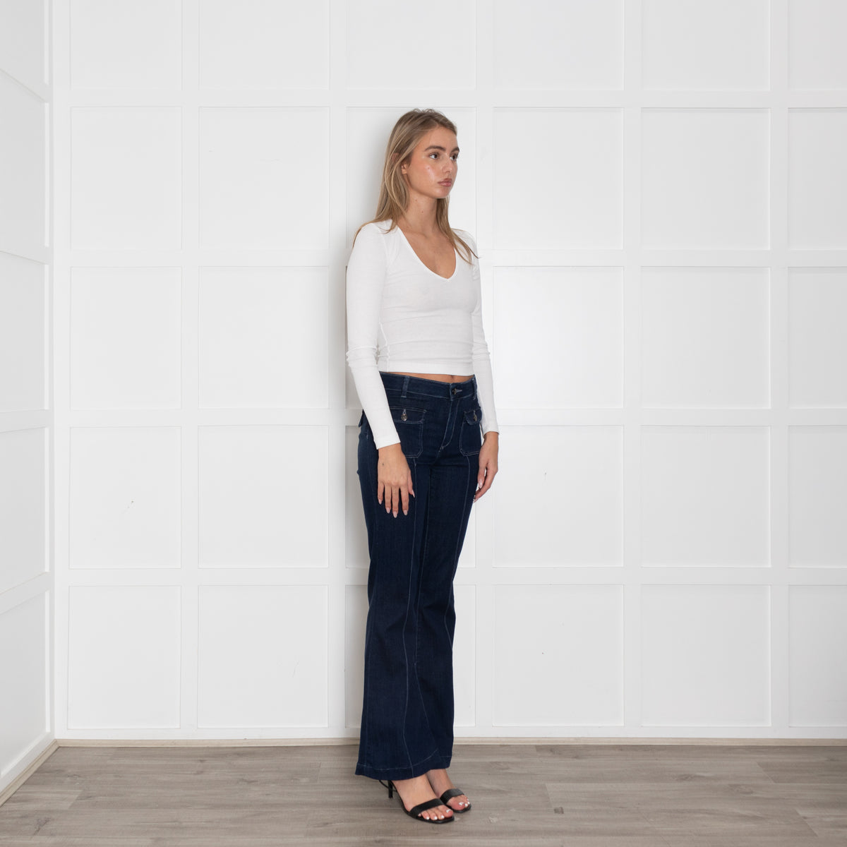 Donna Ida Blue Denim Front Stitching Flared Jeans