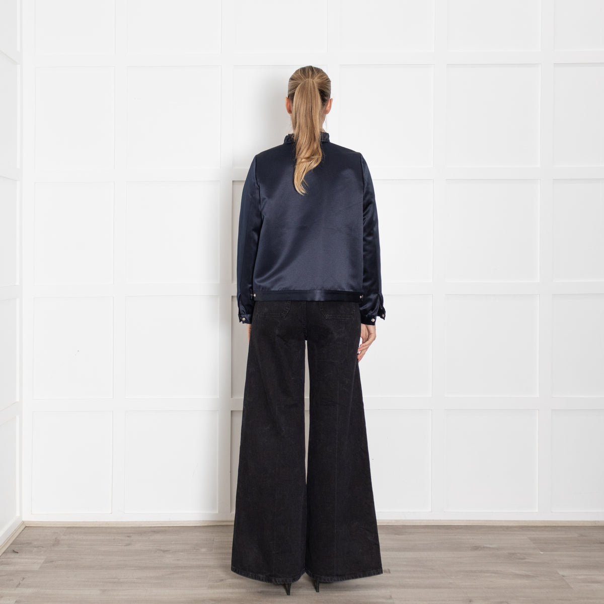 Wyse Midnight Blue Satin Frill Neck Zip Front Bomber Jacket