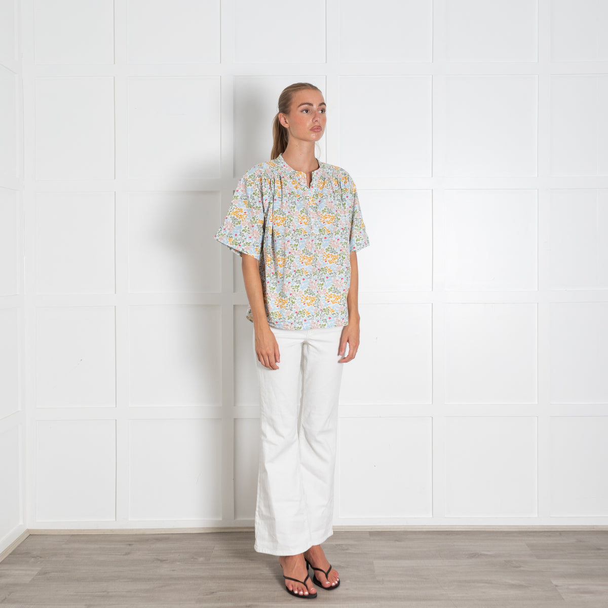 A Piece Apart White Multi Floral Print Button Blouse With Ruched Shoulder Detailing