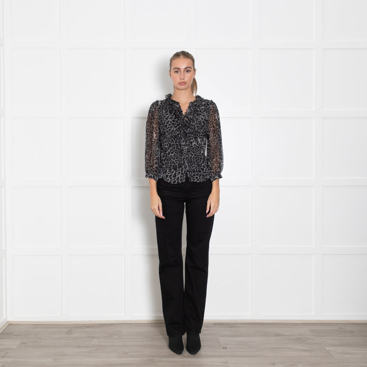 Diane Von Furstenberg Grey Animal Print Frill Trim Long Sleeve Blouse