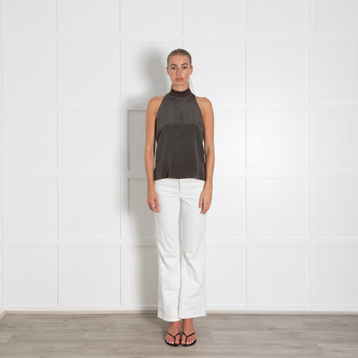 Me + Em Khaki Sleeveless Zip Back Detail Top