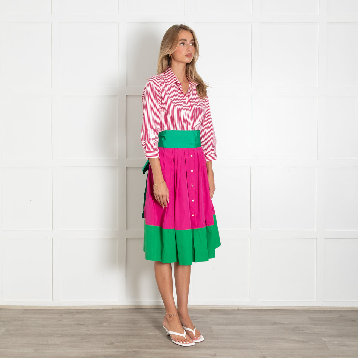 Sara Roka Pink and White Stripe Shirt Dress with Contrasting Green Hem and Tie Belt