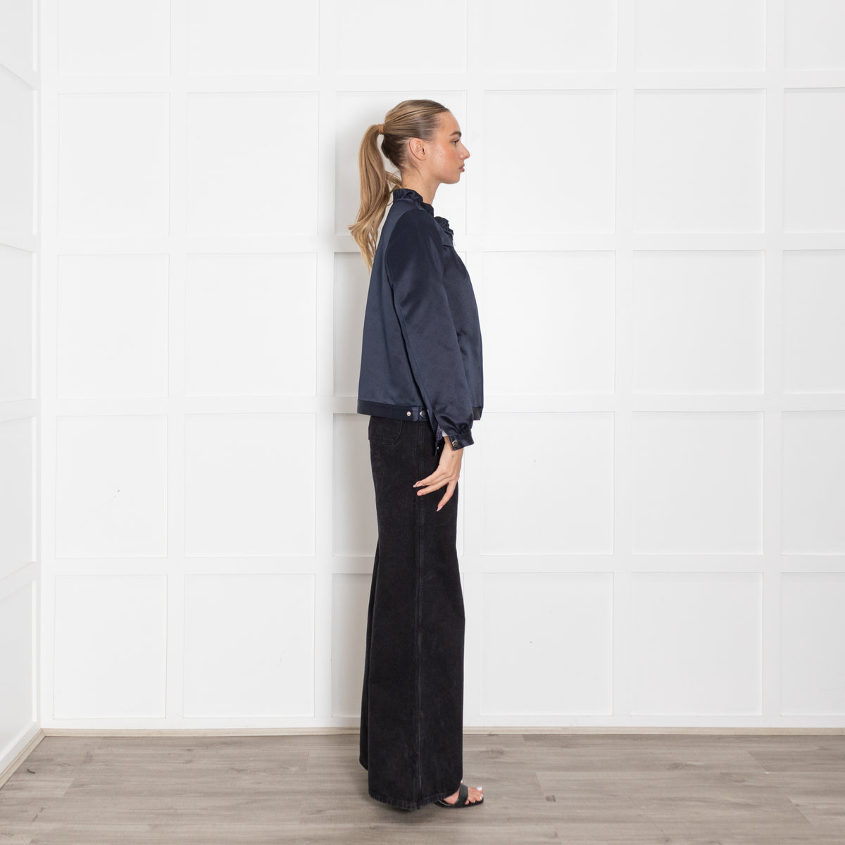 Wyse Midnight Blue Satin Frill Neck Zip Front Bomber Jacket