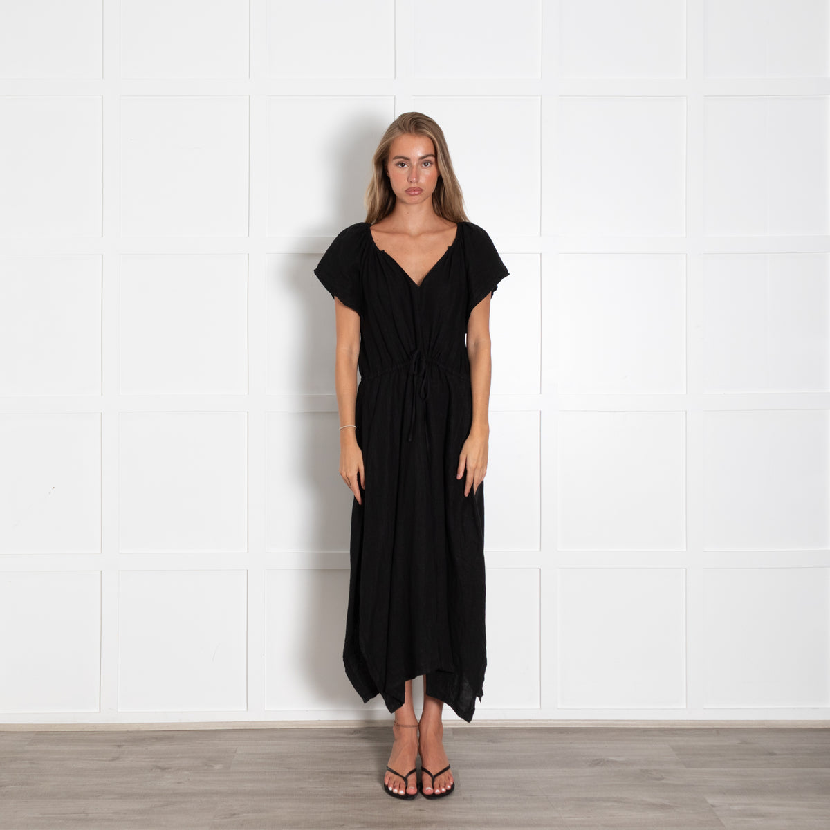Velvet Black Cap Sleeve Linen Dress With Drawstring Waist