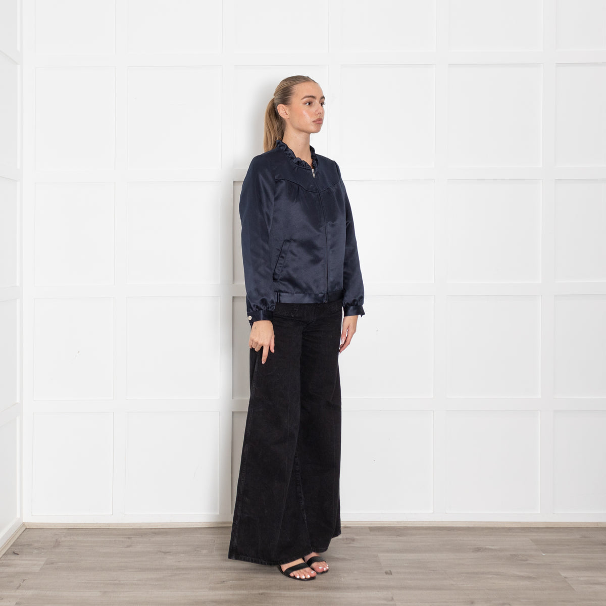 Wyse Midnight Blue Satin Frill Neck Zip Front Bomber Jacket