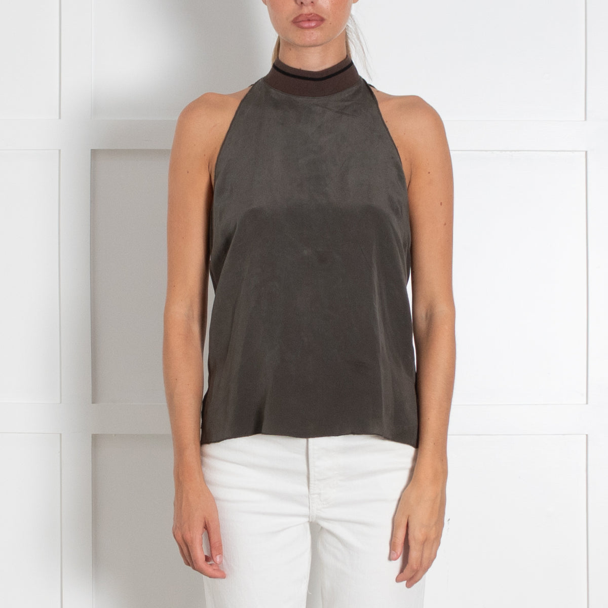 Me + Em Khaki Sleeveless Zip Back Detail Top