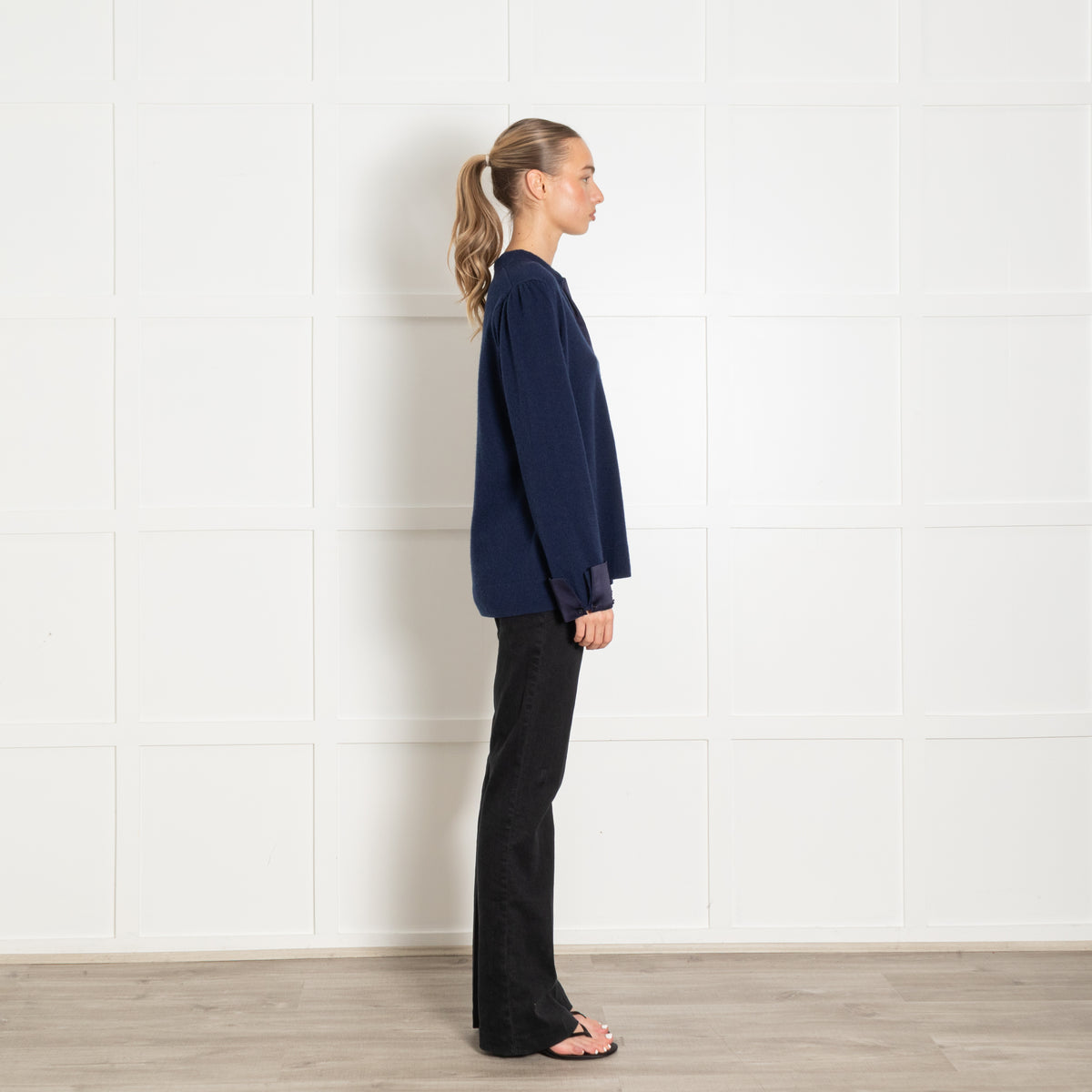 Wyse Blue Cashmere Blend Satin Neck Tie Sweater