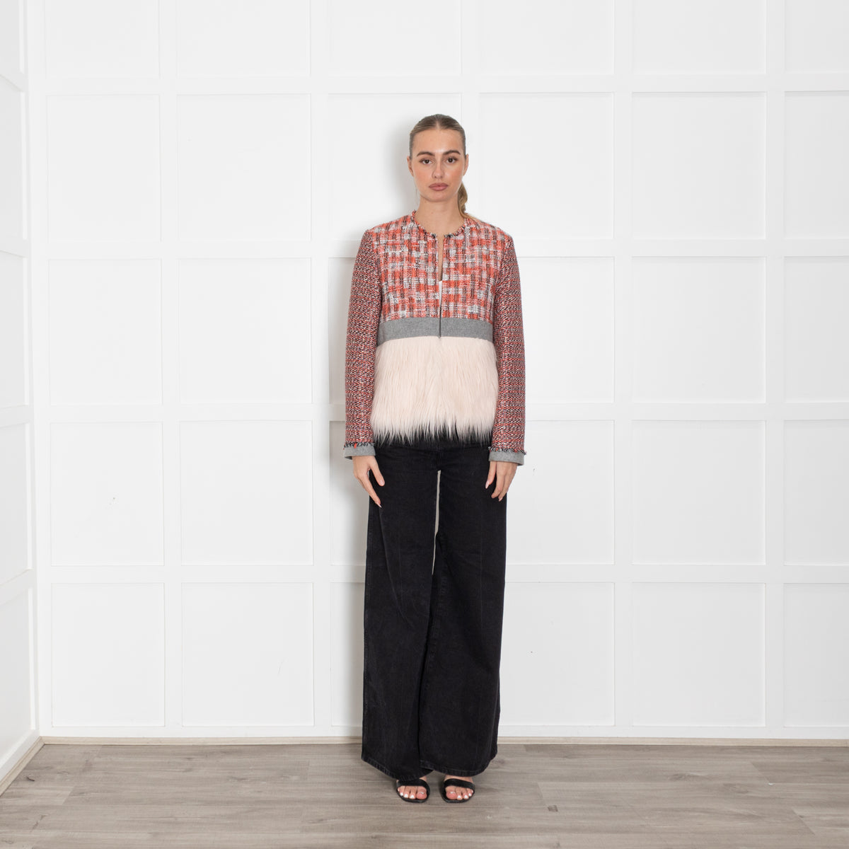 MSGM Orange Black Cream Tweedy Fux Fur Trim Jacket