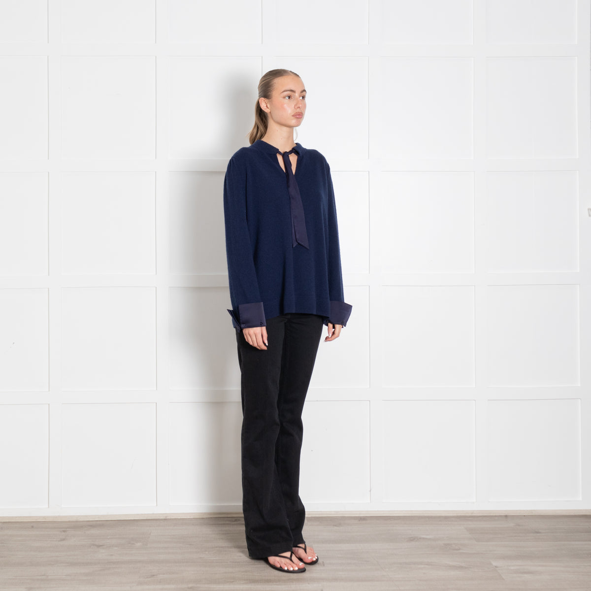 Wyse Blue Cashmere Blend Satin Neck Tie Sweater