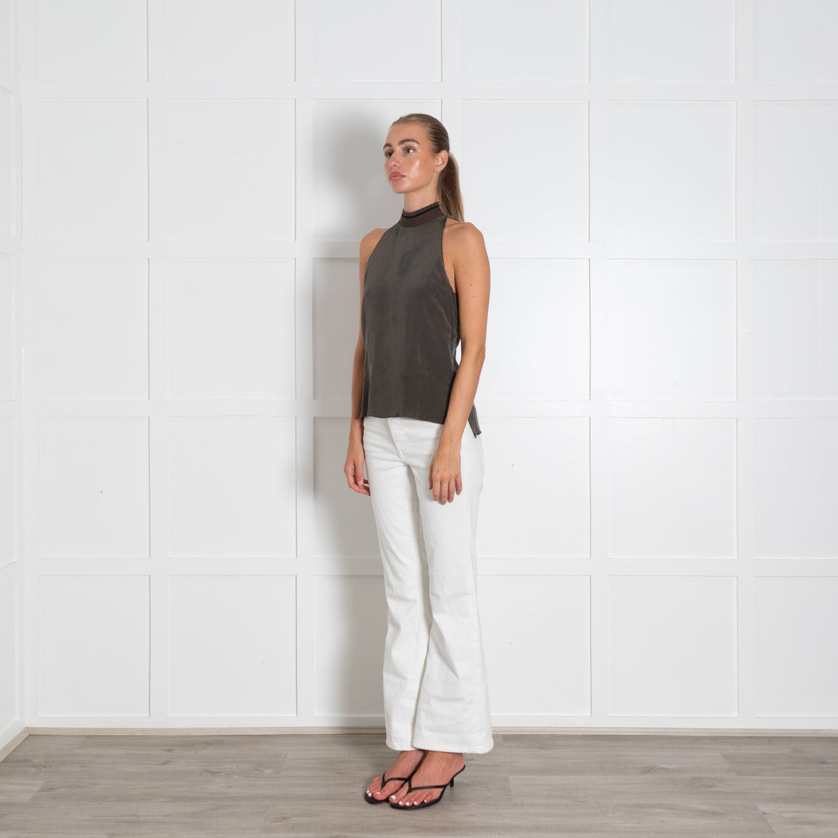 Me + Em Khaki Sleeveless Zip Back Detail Top
