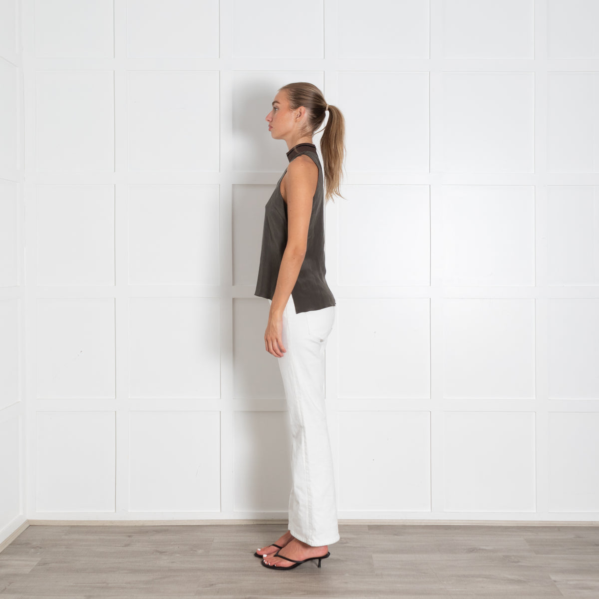 Me + Em Khaki Sleeveless Zip Back Detail Top