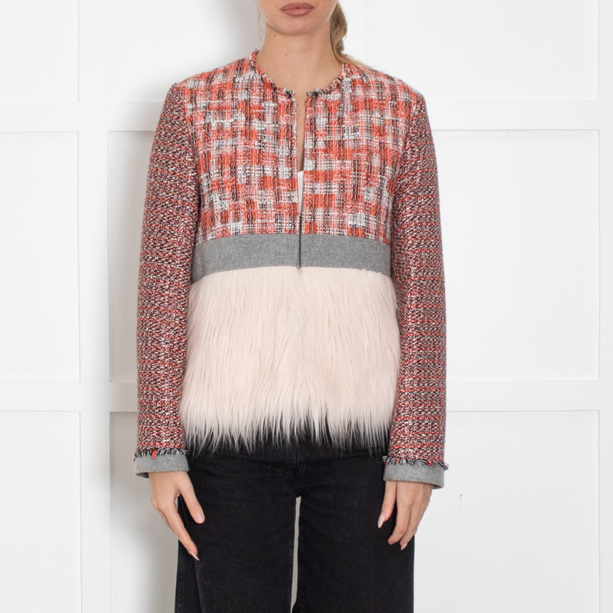 MSGM Orange Black Cream Tweedy Fux Fur Trim Jacket