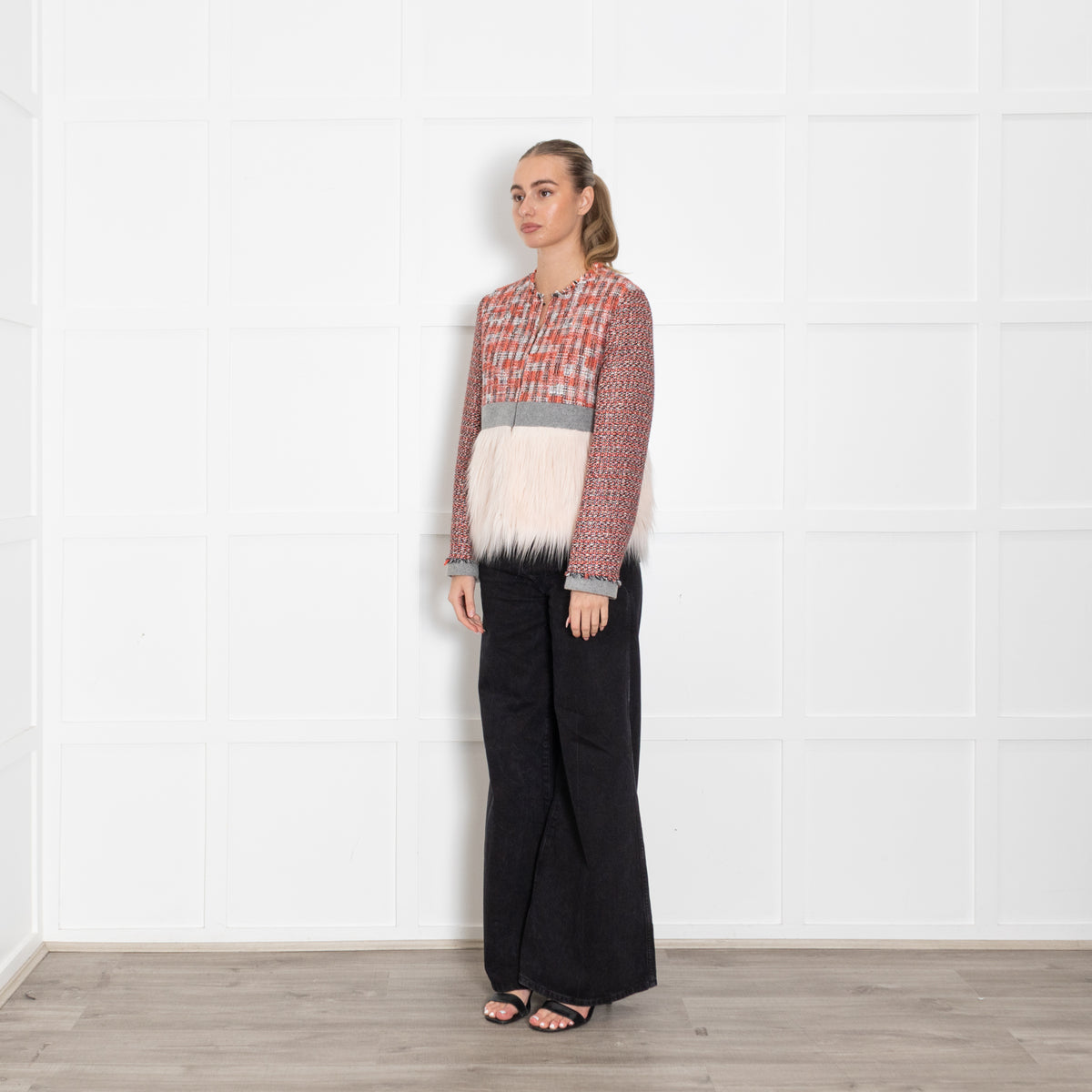 MSGM Orange Black Cream Tweedy Fux Fur Trim Jacket