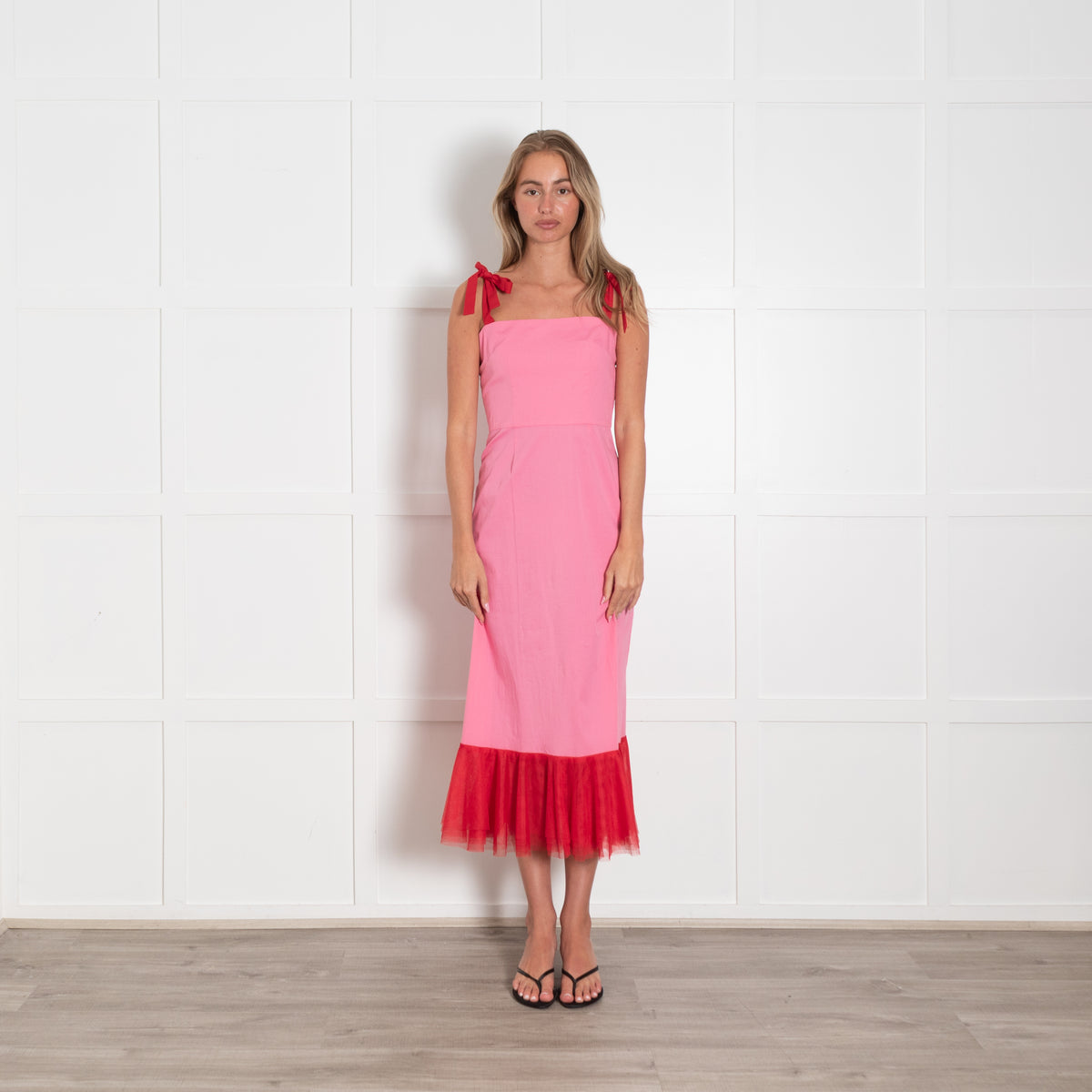 Staud Lagdon Pink with Red Tulle Hem Dress