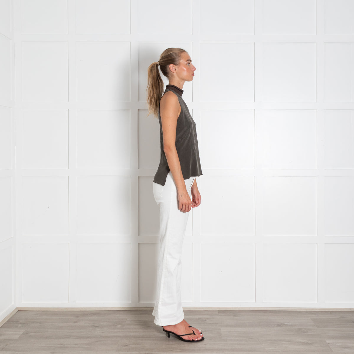 Me + Em Khaki Sleeveless Zip Back Detail Top