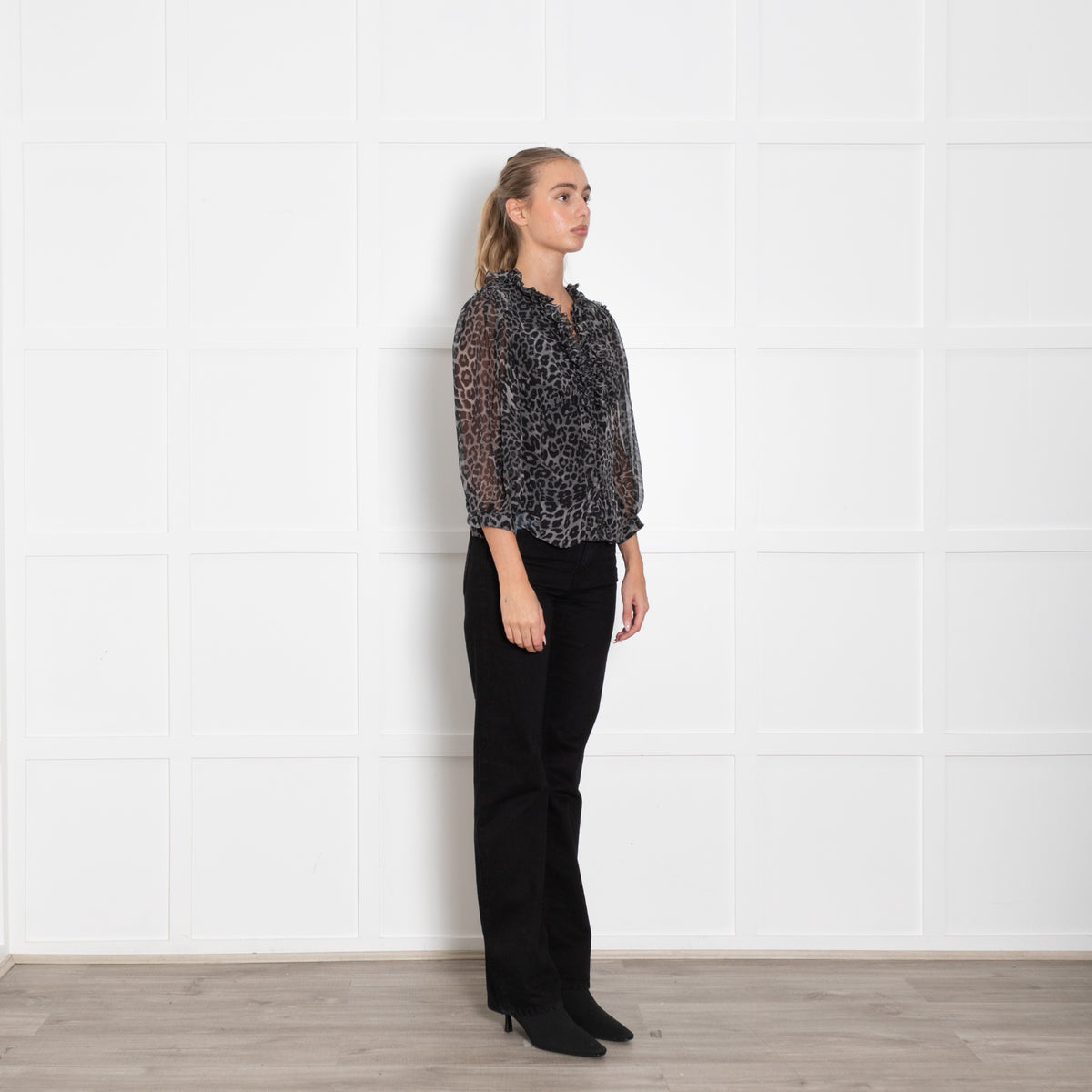 Diane Von Furstenberg Grey Animal Print Frill Trim Long Sleeve Blouse