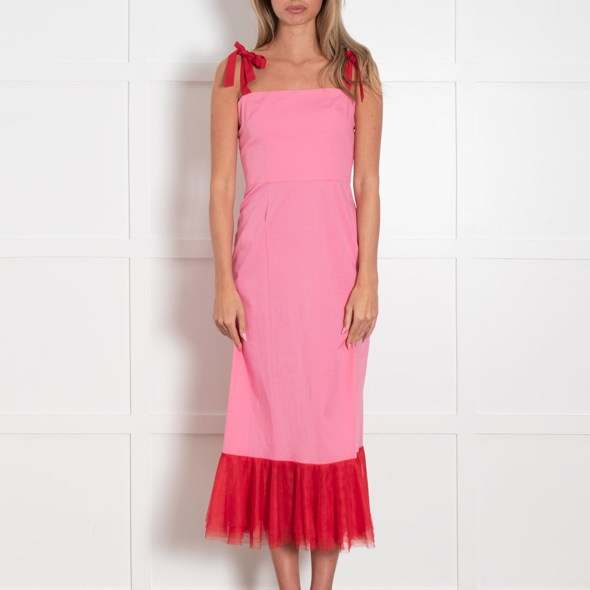 Staud Lagdon Pink with Red Tulle Hem Dress