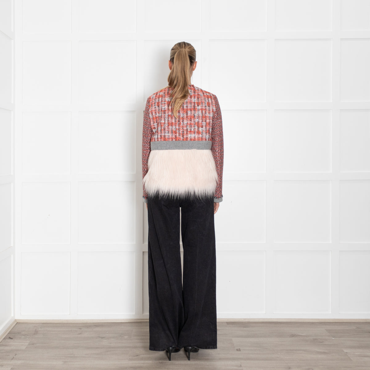 MSGM Orange Black Cream Tweedy Fux Fur Trim Jacket