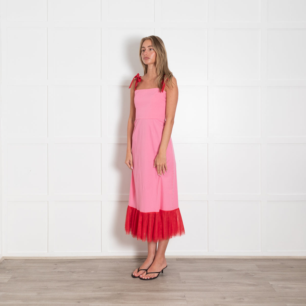 Staud Lagdon Pink with Red Tulle Hem Dress
