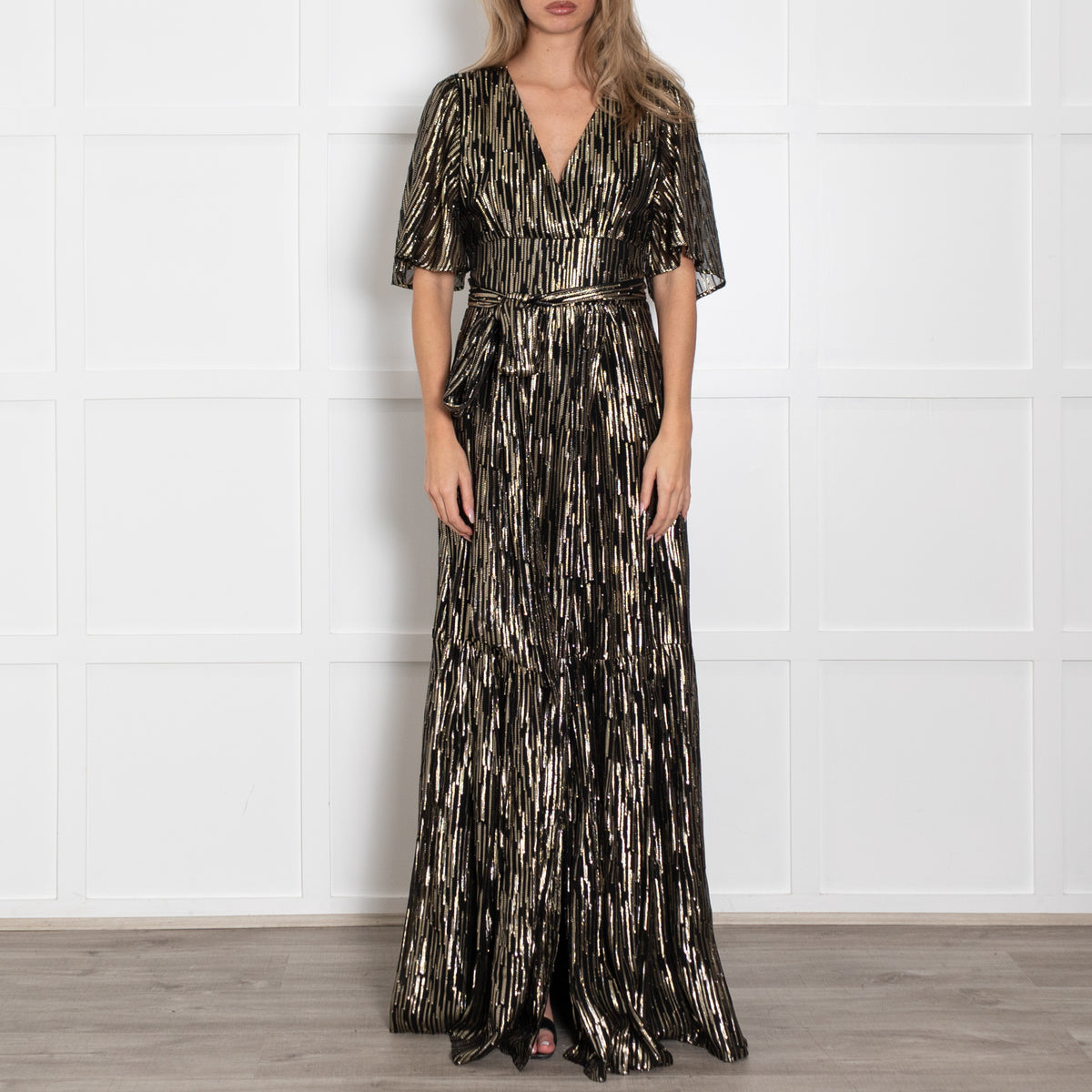 Ba&sh Black & Gold Sequin Belted Maxi Dress