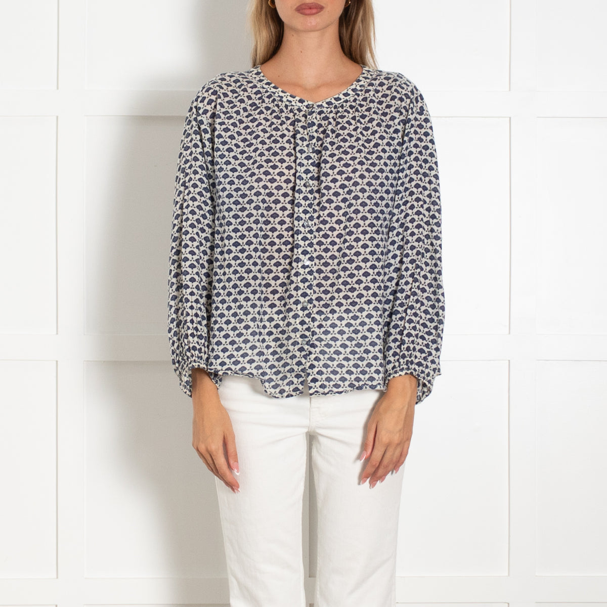 Velvet White Blue Floral Print Cotton Blouse
