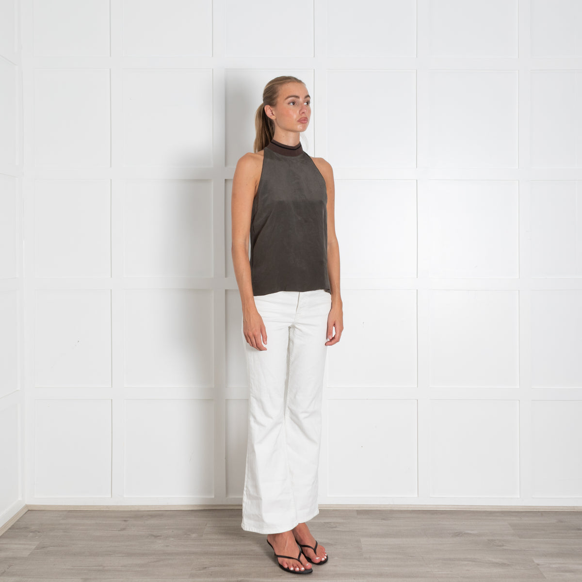 Me + Em Khaki Sleeveless Zip Back Detail Top