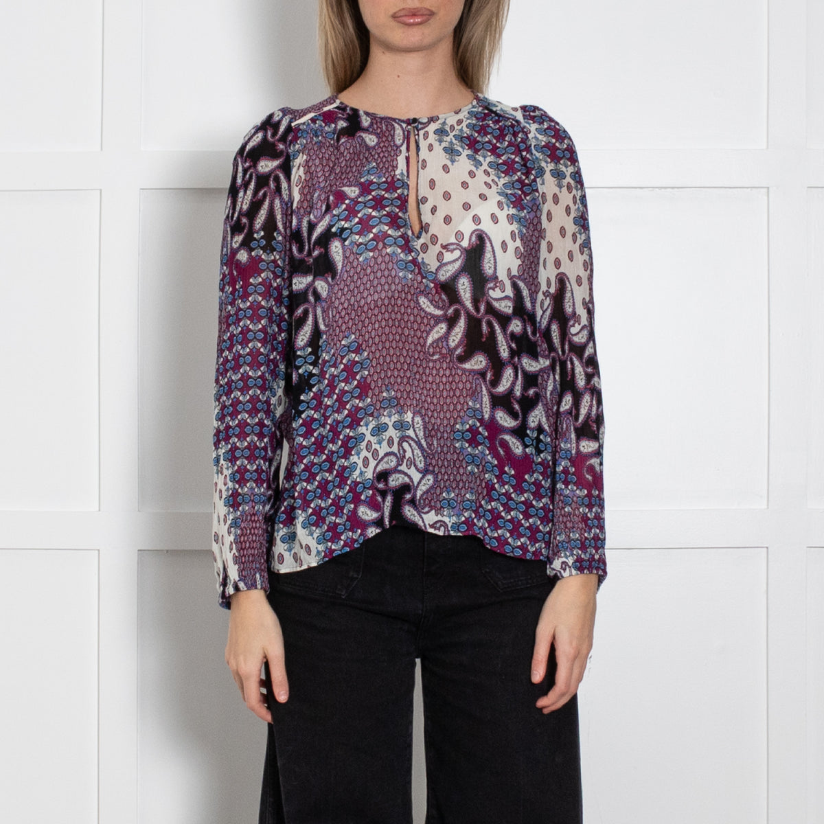 Ba&Sh Black Purple White Paisley Long Sleeve Top